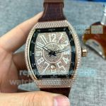 Copy Franck Muller Vanguard V45 Diamond Watch Rose Gold Case Brown Leather